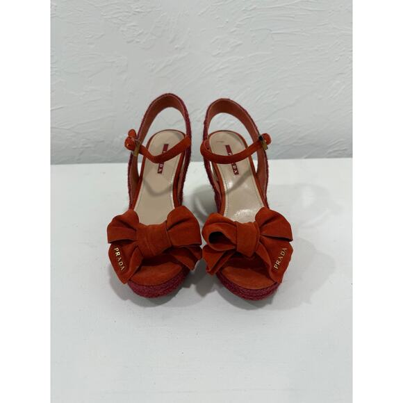 Prada Suede Bow Logo Accent Wedge Slingback Espadrille Sandals Rust Size 37.5 - Picture 1 of 5